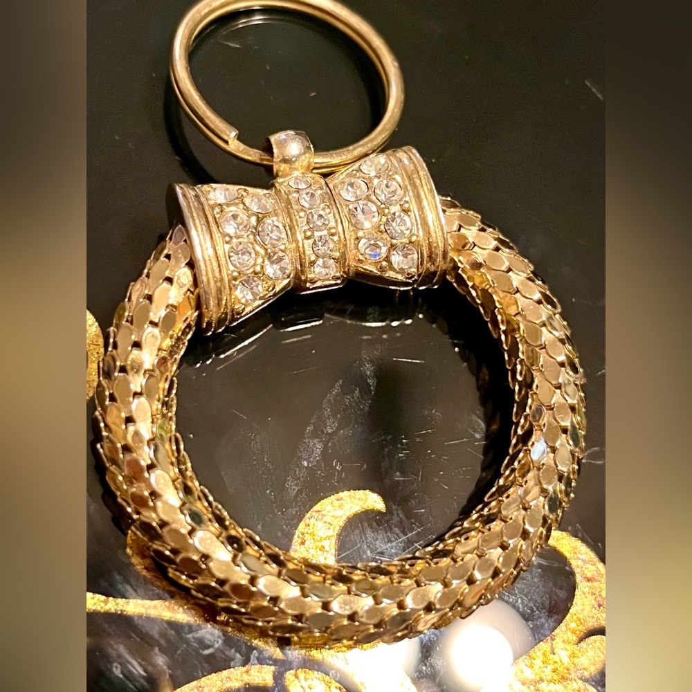Whiting & Davis Gold Metal Mesh Key Ring Rhinestone Bow